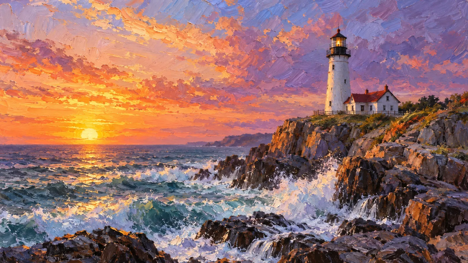 A lighthouse at dawn, painted in thick oil