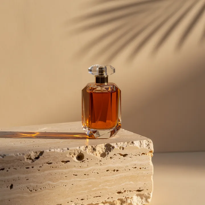 A glass perfume bottle arranged on travertine